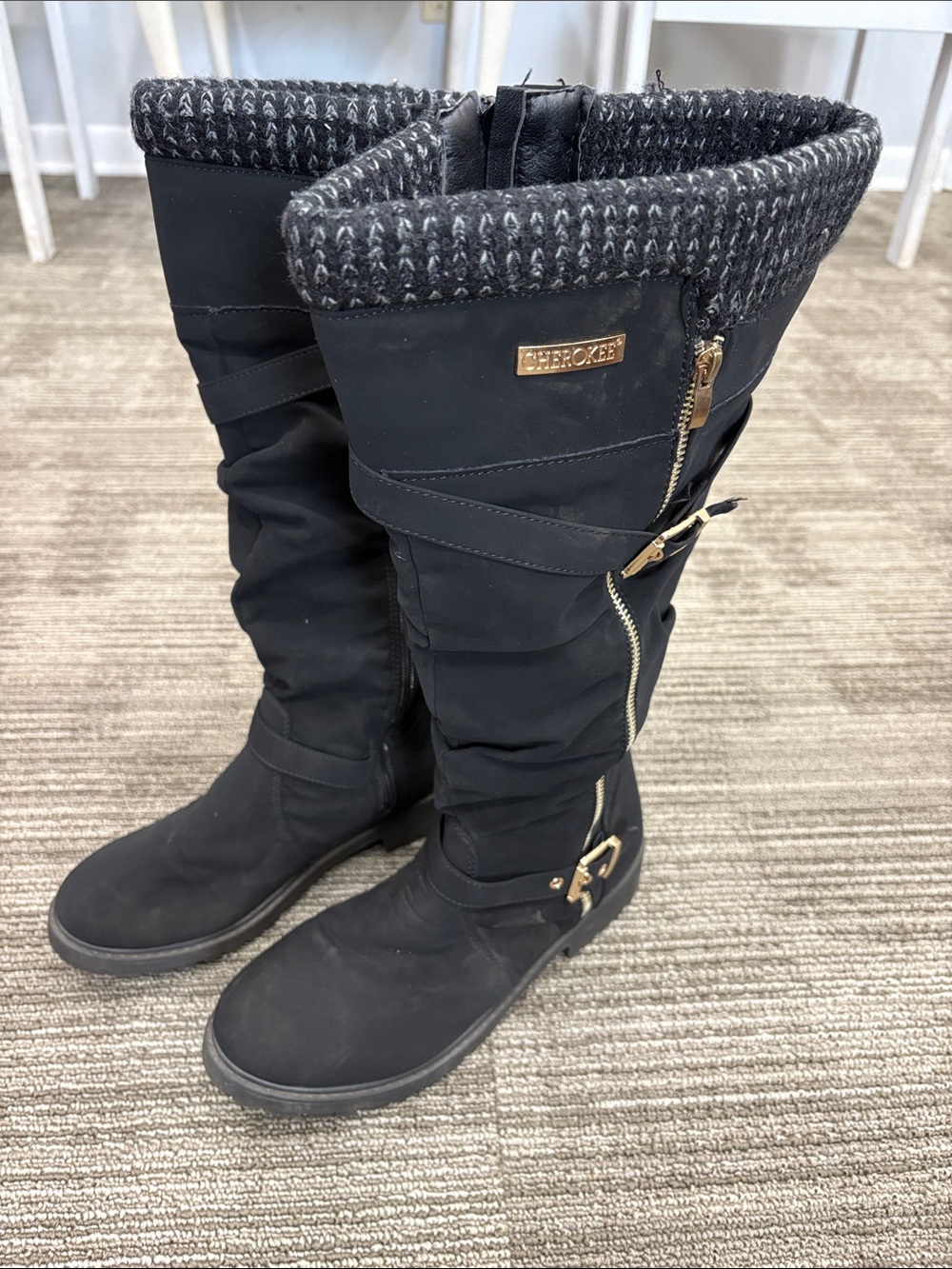 Cherokee Black Knee-High Riding Boots with Knit Cuff & Gold Accents